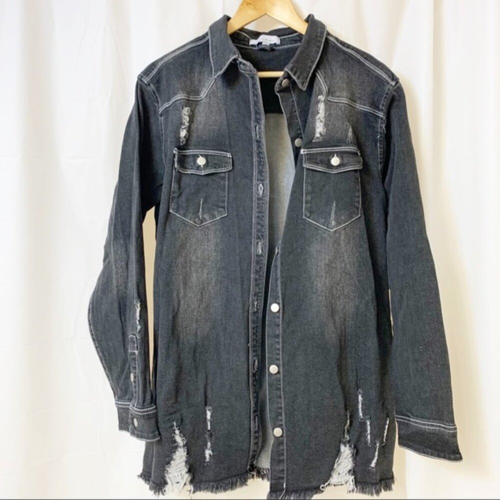 Ash & Antler Love Tree Black Distressed Oversized Denim Jean Black Jacket